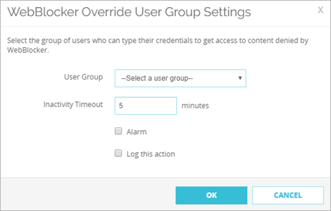 Screen shot of the WebBlocker Override User Group Settings dialog box
