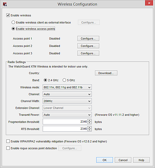 Screen shot of the Wireless settings dialog box