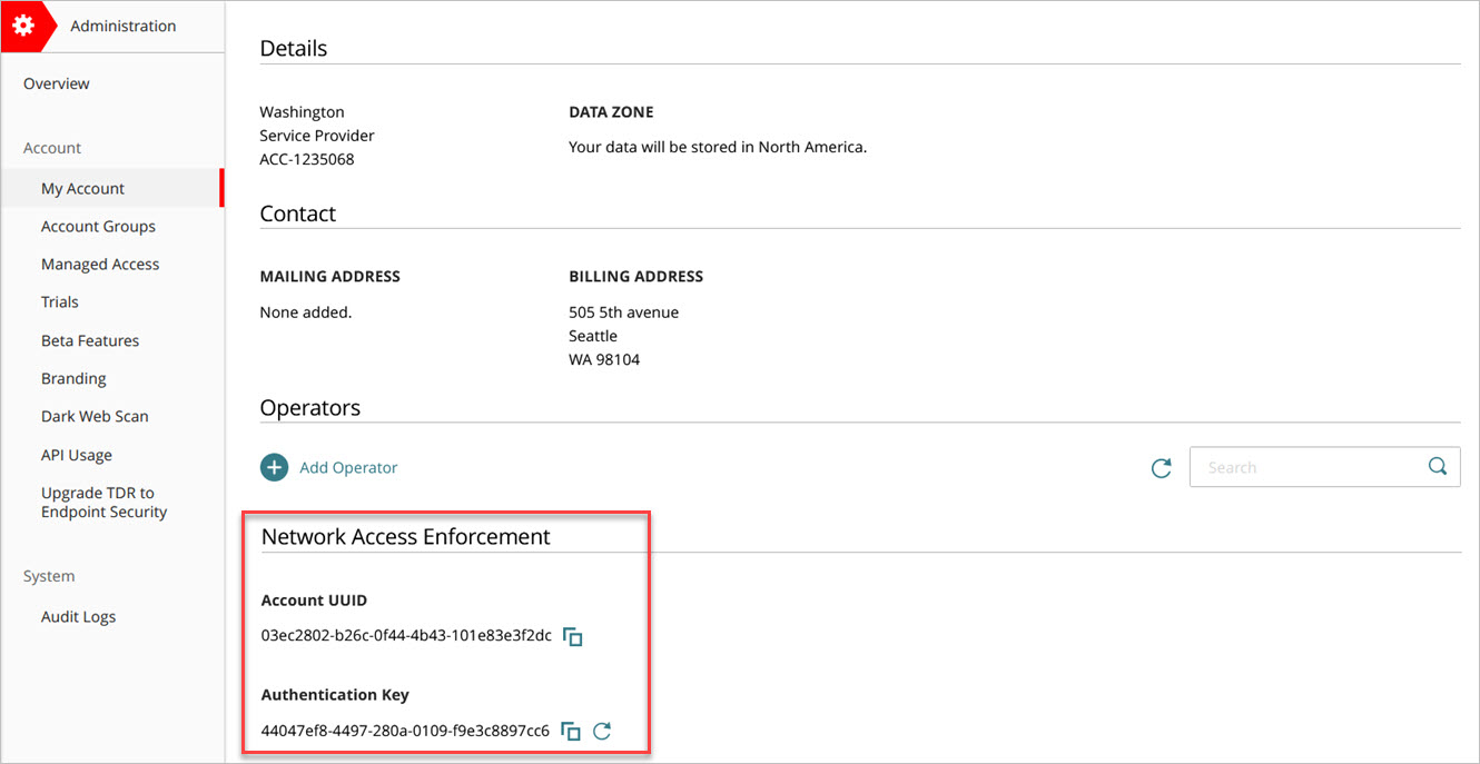 Screen shot of the Network Access Enforcement UUID and Authentication Key for a WatchGuard Cloud account