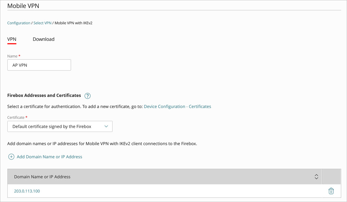 Screen shot of the Mobile VPN with IKEv2 configuration on a Firebox