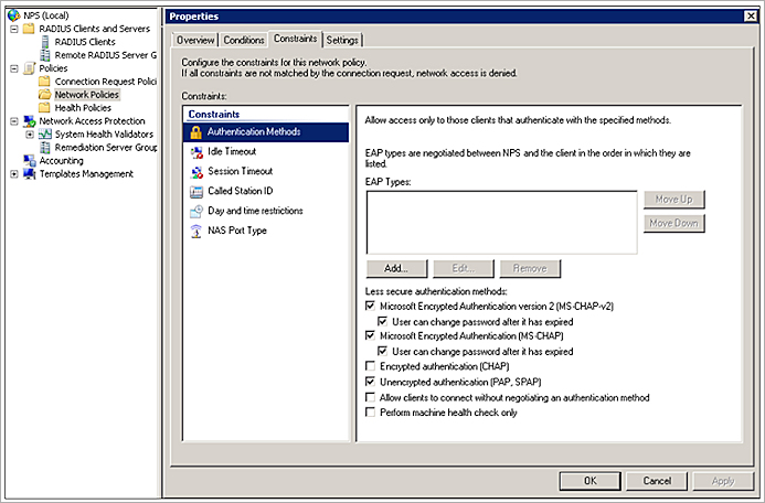 Screen shot of NPS network policy Constraints tab