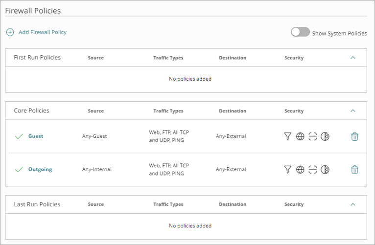 Screen shot of the Firewall Policies page with the default Outgoing policy