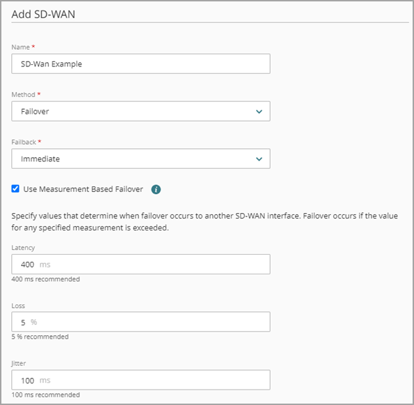 Screen shot of the settings for measurement-based failover