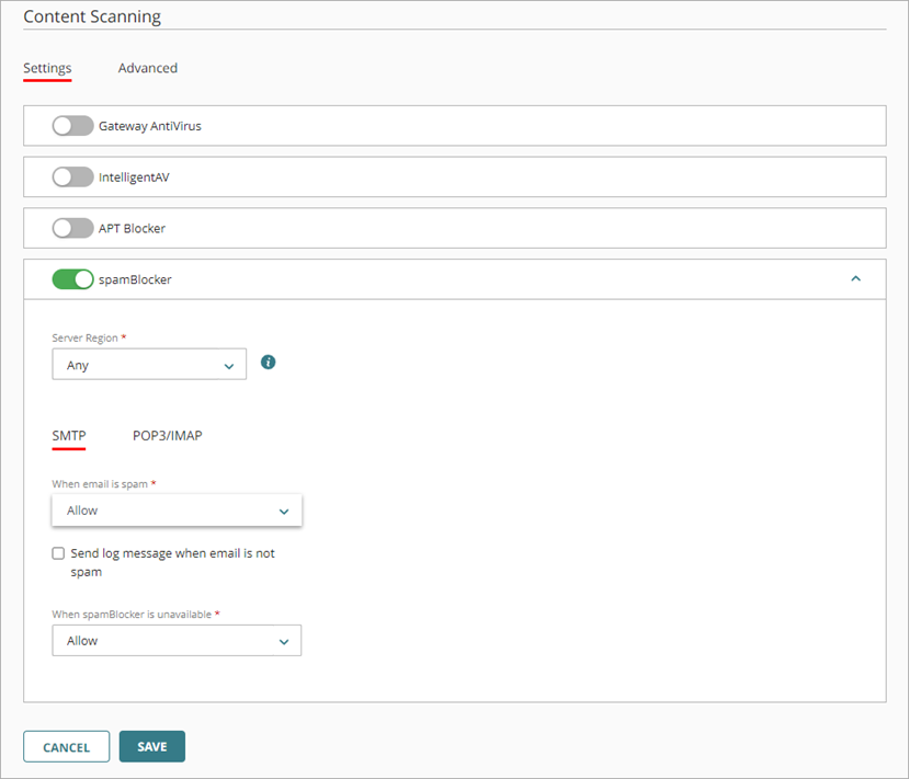 WatchGuard Cloud screen shot of enable spamBlocker