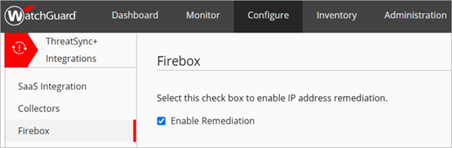 Screenshot of the Firebox page in the ThreatSync+ Integrations UI
