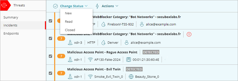Screen shot of the Change Status menu on the Incidents page