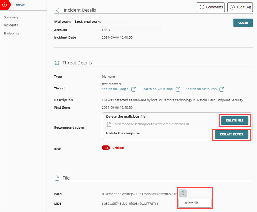 Screenshot of the actions you can perform from the Incident Details page: isolate device, kill process, delete file