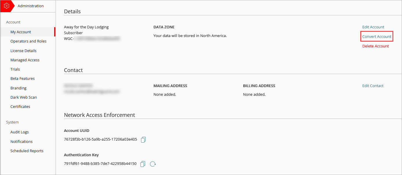 Screen shot of WatchGuard Cloud, My Account page
