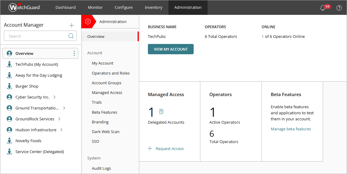 Screen shot of WatchGuard Cloud, Administration page