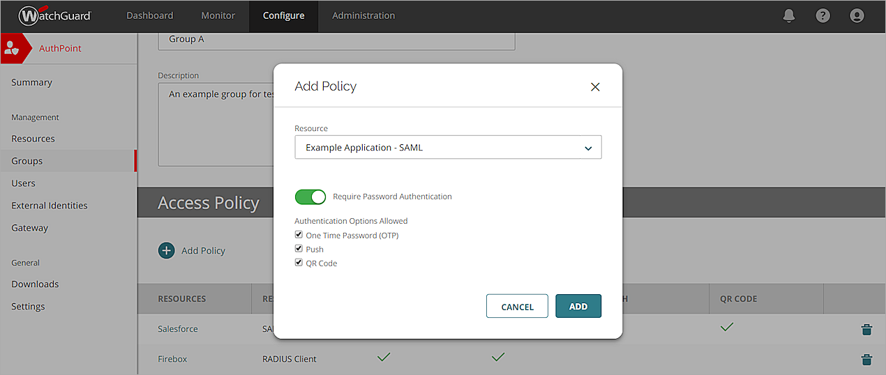 Screen shot of Access Policy section of the New Group page.