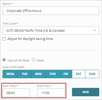 Screen shot that shows the time schedule fields on the Add Policy Object page.