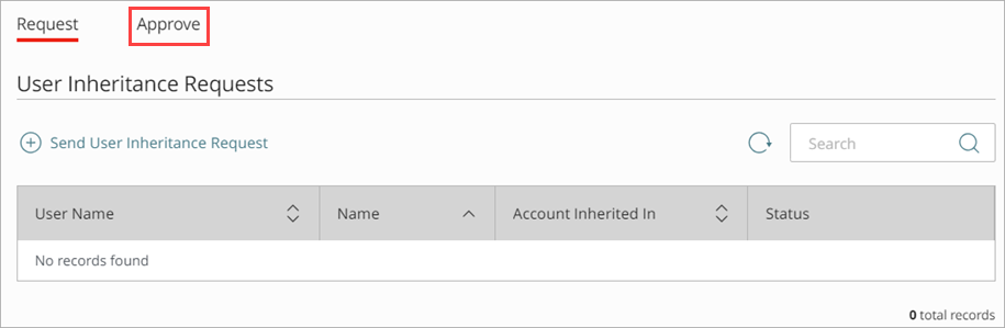Screen shot that shows the User Inheritance Requests page for Service Providers.