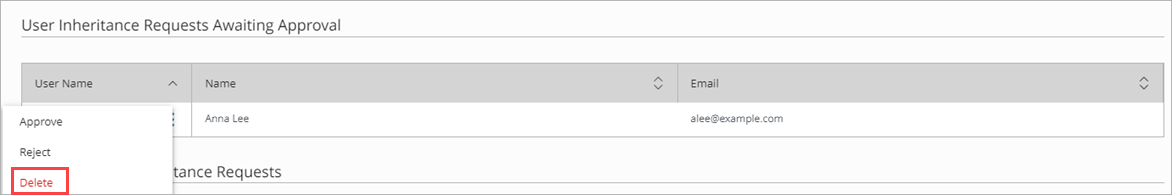 Screen shot of the delete icon for a user inheritance request.
