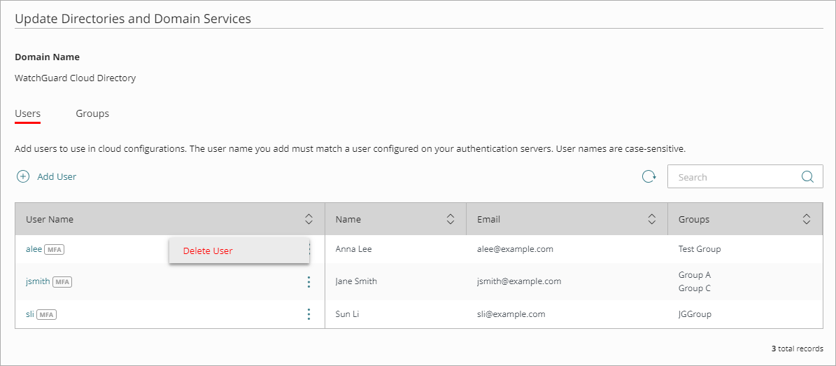 Screenshot that shows the menu options for a user in the Users list.