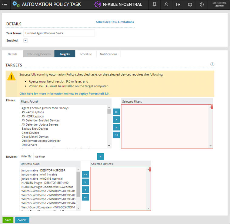 Screen shot of N-Central, Automation Policy Task, Target page
