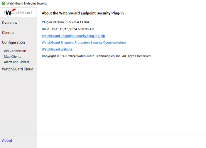 Screenshot of the Endpoint Security plug-in About page.