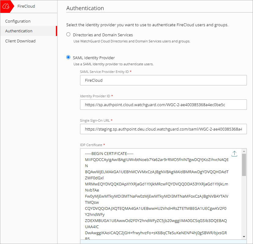 Screenshot of the SAML identity provider authentication settings.