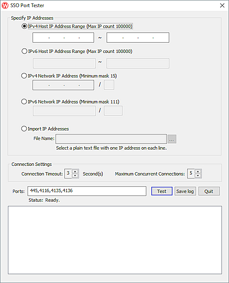 Screen shot of the SSO Port Tester dialog box