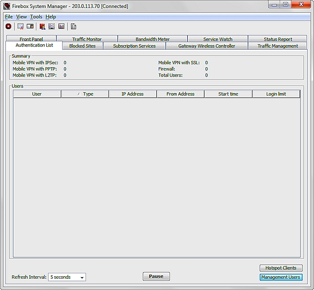 Screen shot of the Authentication List tab, with the Hotspot Clients icon