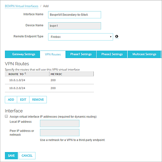 Screen shot of the VPN routes for the secondary BOVPN virtual interface on the Site B device