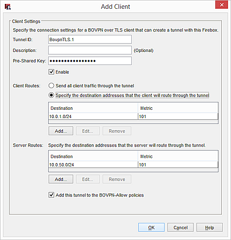 Screen shot of the Add Client dialog box with the second Client Routes option