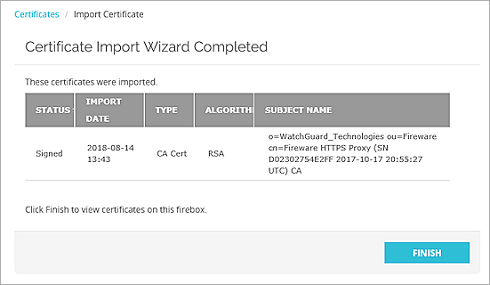 Screen shot of the Certificate Import Wizard finished page