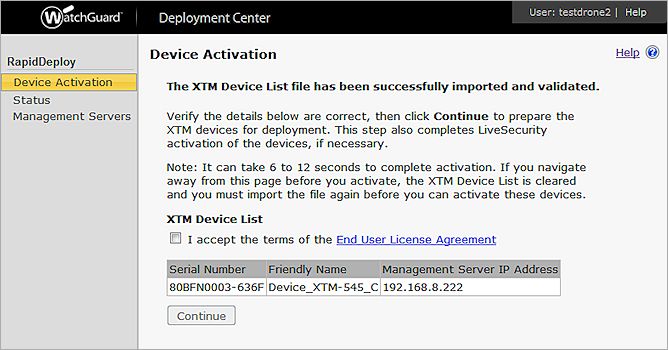 Screen shot of the Device Activation page after a the Device List was successfully imported