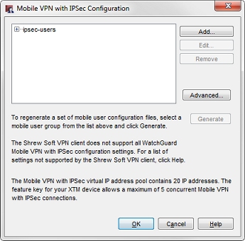 Screen shot of the Mobile VPN with IPSec Configuration dialog box