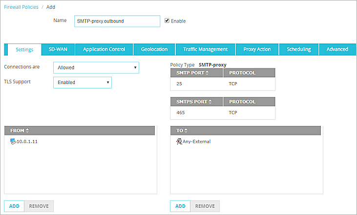Screen shot of oubound SMTP policy