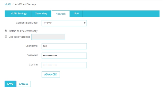 Screen shot of the VLAN > Network tab, with the Configuration Mode set to PPPoE