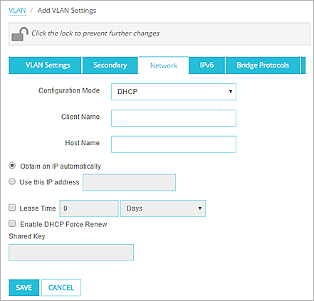 Screen shot of the VLAN page, Network tab