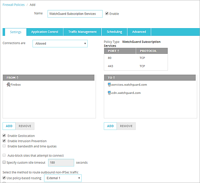 Screen shot of a policy for Firebox-generated traffic