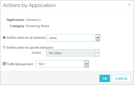 Screen shot of the Actions by Application dialog box with Traffic Management configured