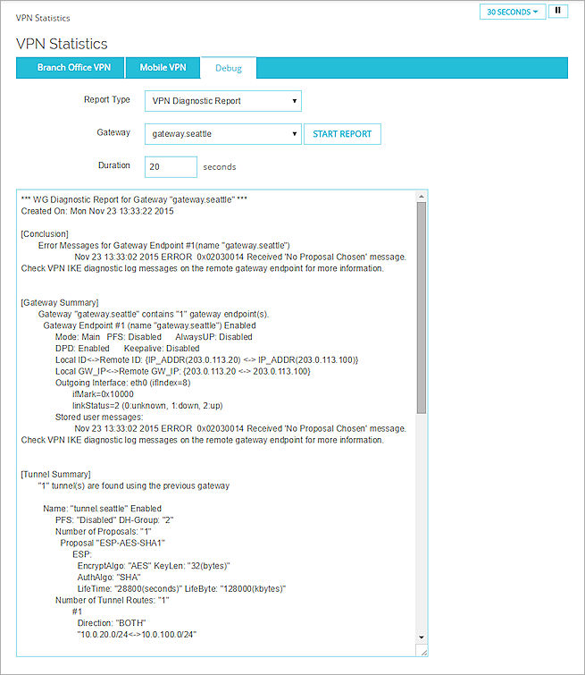 Screen shot of the VPN Diagnostic Report results