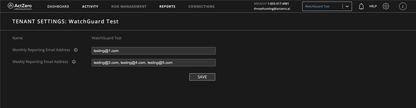Screen shot of MDR portal Tenant Settings page