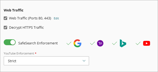 Screenshot of the Web Traffic section in an Outbound policy with SafeSearch Enforcement enabled.