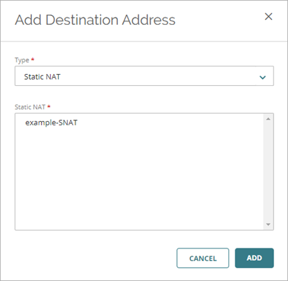 Screen shot of the Add Destination Address dialog box, with the Static NAT type selected