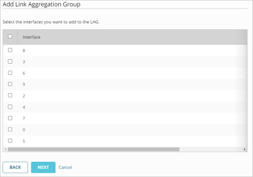 Screenshot of the add LAG interfaces UI