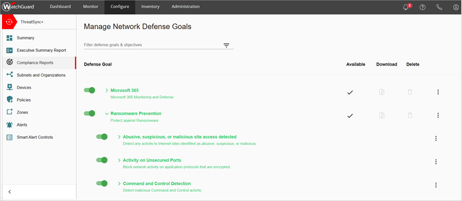 Screenshot of the Manage Network Defense Goals page in ThreatSync+ NDR