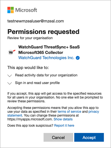 Screenshot of the Microsoft Permissions Requested dialog box