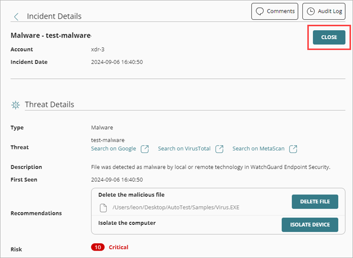 Screen shot of the Archive button in the Incident Details page