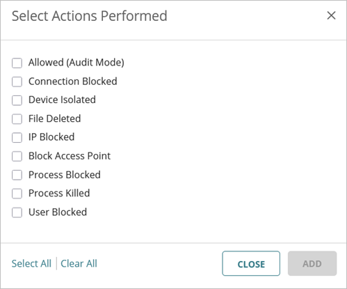 Screenshot of the Select Actions Performed dialog box on the Add Policy page