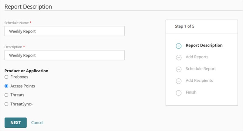 Asistente Create Schedule Wizard, paso Report Description (Descripción del Informe)