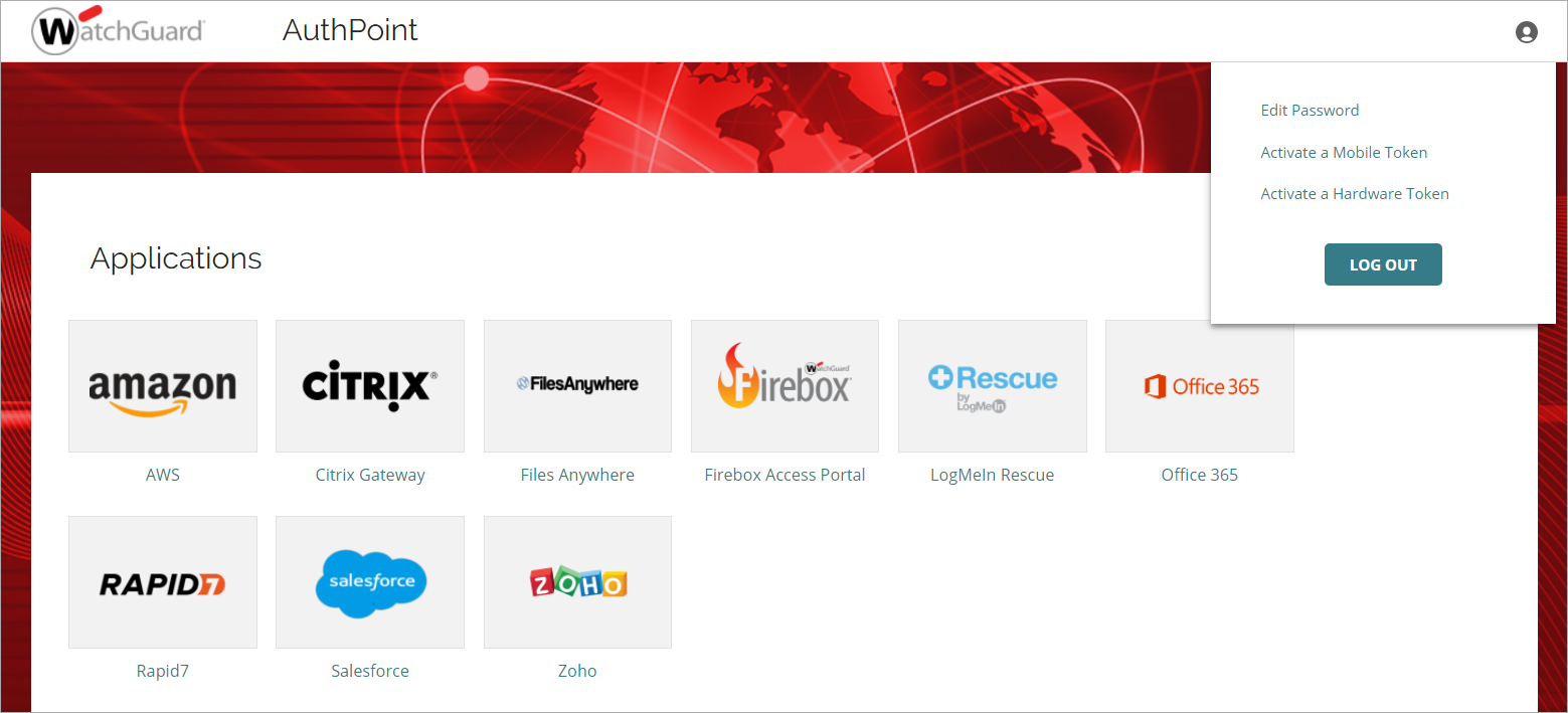 Screenshot that shows the open menu in the top right corner of the IdP portal. El menú incluye opciones para editar la contraseña y activar tokens móviles y de hardware.