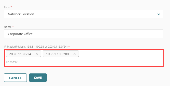 Screenshot that shows the network location fields on the Add Policy Object page.
