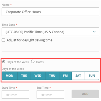 Screen shot that shows the time schedule fields on the Add Policy Object page.