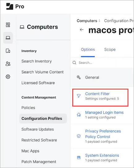 Screen shot of Jamf Pro, Computers menu > Content Filter