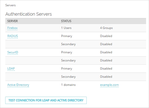 screenshot of the Authentication Servers dialog box, with the Firebox tab selected