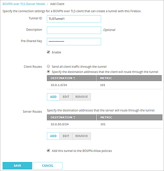 Screen shot of the configuration with client routes specified