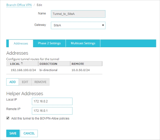 Screen shot of the Tunnel settings page - Addresses tab - Site B
